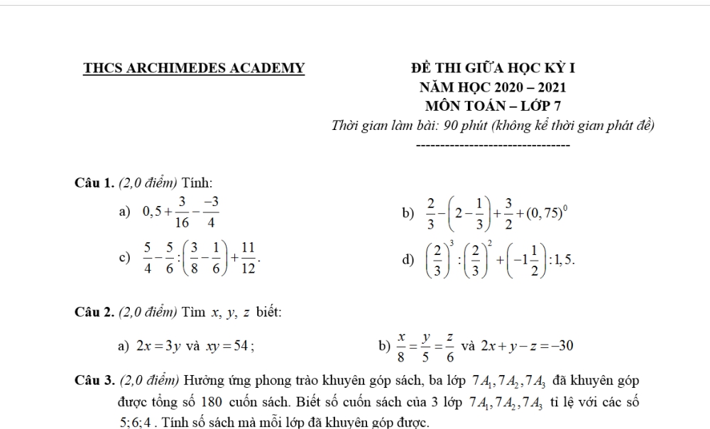 Toán 7: Đề kiểm tra giữa học kì 1. Trường THCS Archimedes Academy năm học 2020-2021